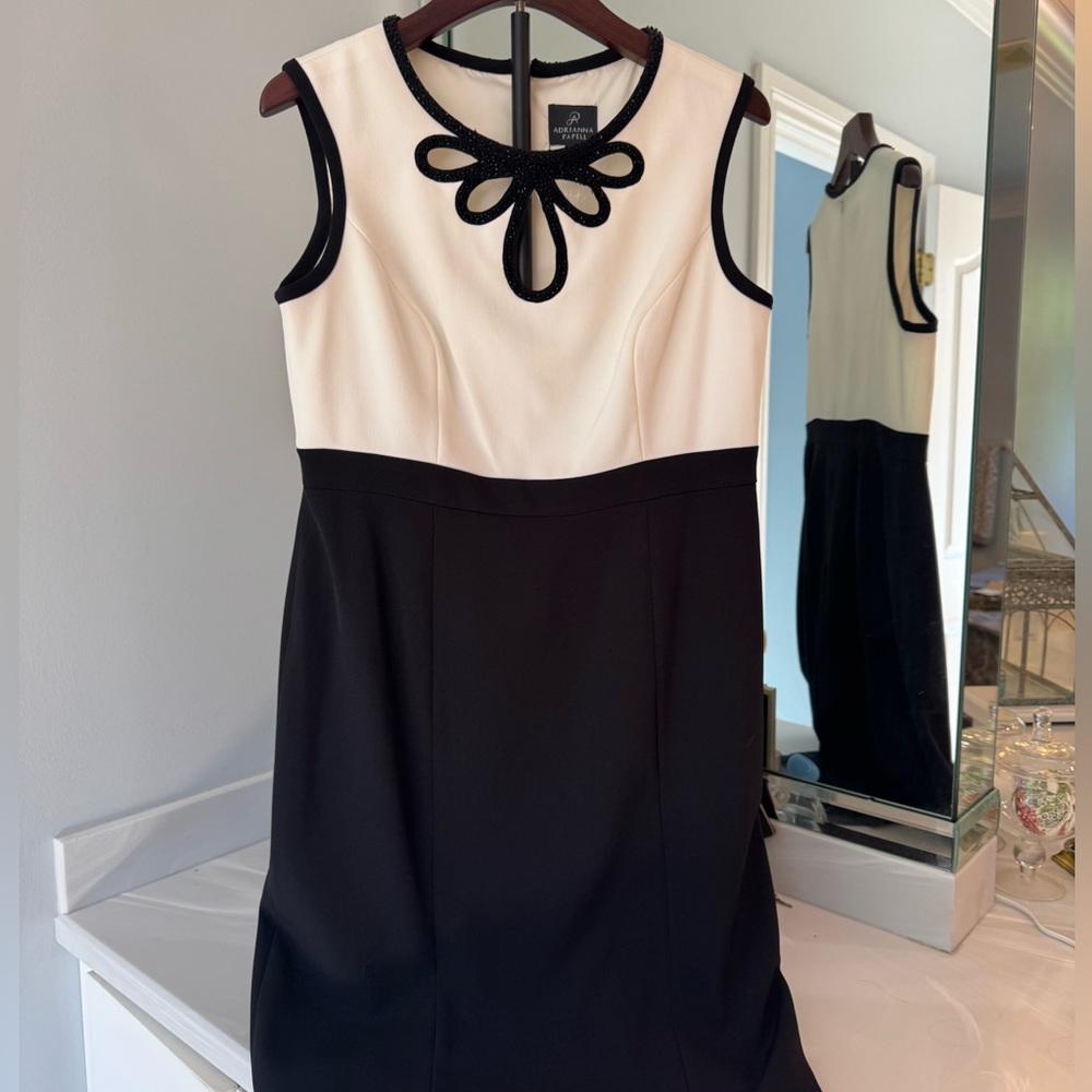 Adrianna Papell Cream and Black A-line Midi‎ Dress 12P NWOT